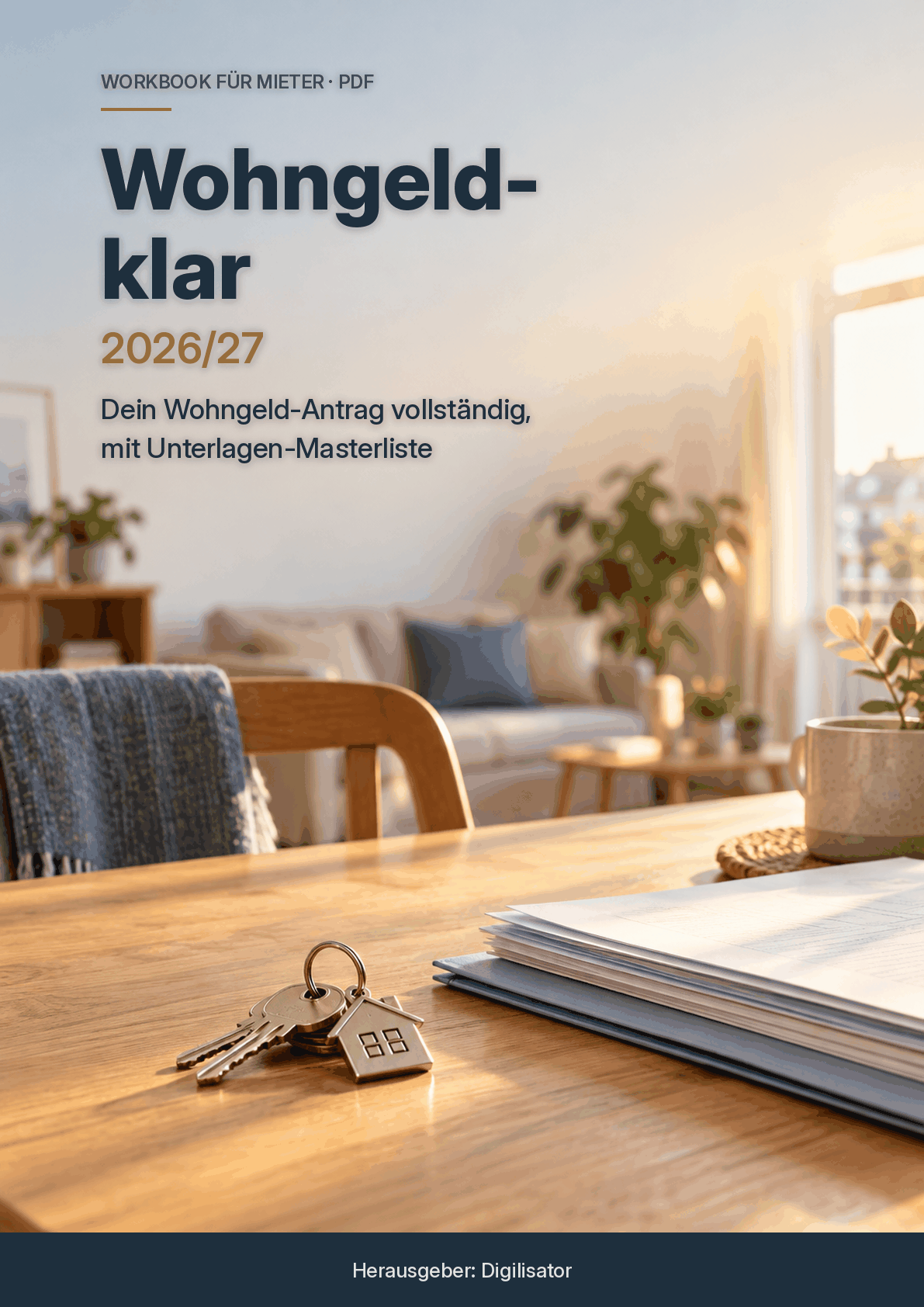 Cover des E-Books Wohngeld-klar 2026/27: Schlüssel und Unterlagen auf einem Tisch in einer hellen Wohnung, Unterzeile Dein Wohngeld-Antrag vollständig, mit Unterlagen-Masterliste